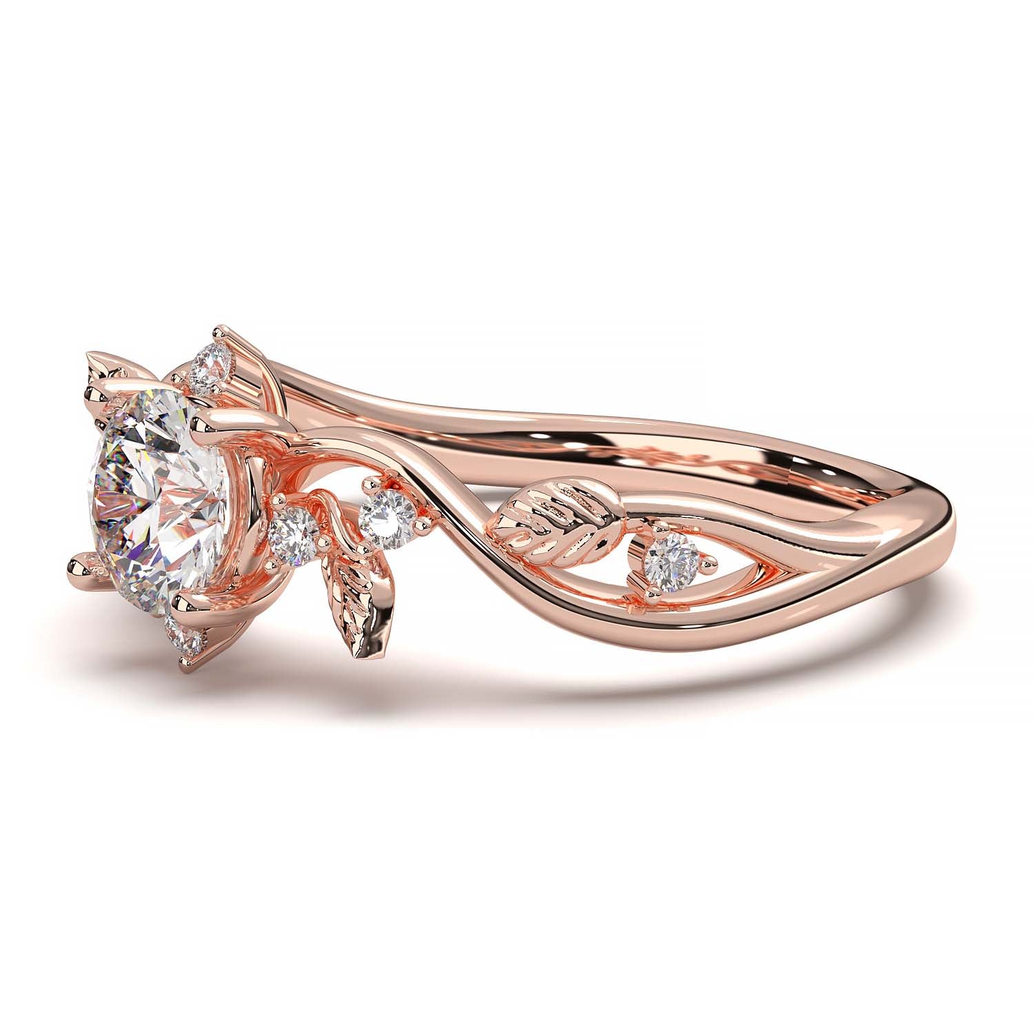 Leaf Vine Diamond Ring with Twisted Band and Round Brilliant Cut Center Stone