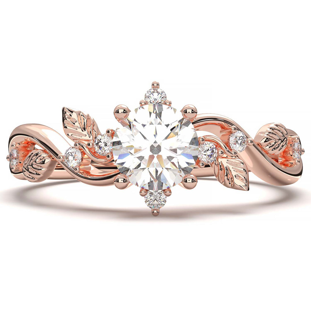 Leaf Vine Diamond Ring with Twisted Band and Round Brilliant Cut Center Stone