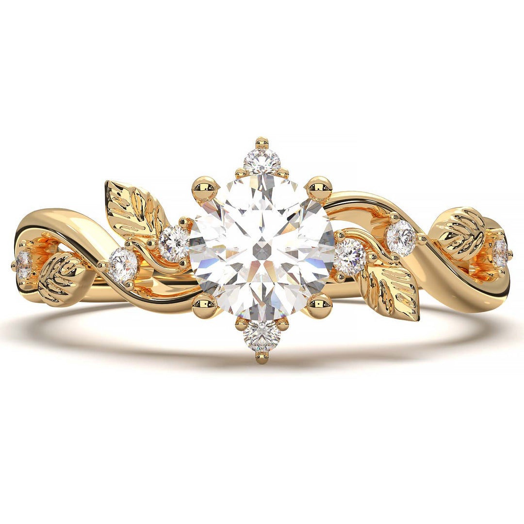 Leaf Vine Diamond Ring with Twisted Band and Round Brilliant Cut Center Stone