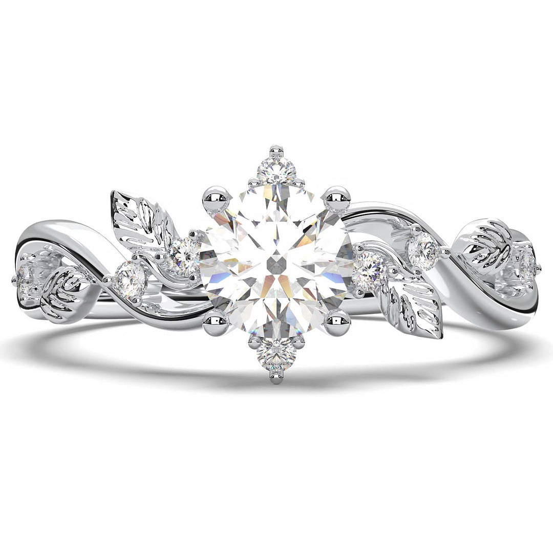 Leaf Vine Diamond Ring with Twisted Band and Round Brilliant Cut Center Stone