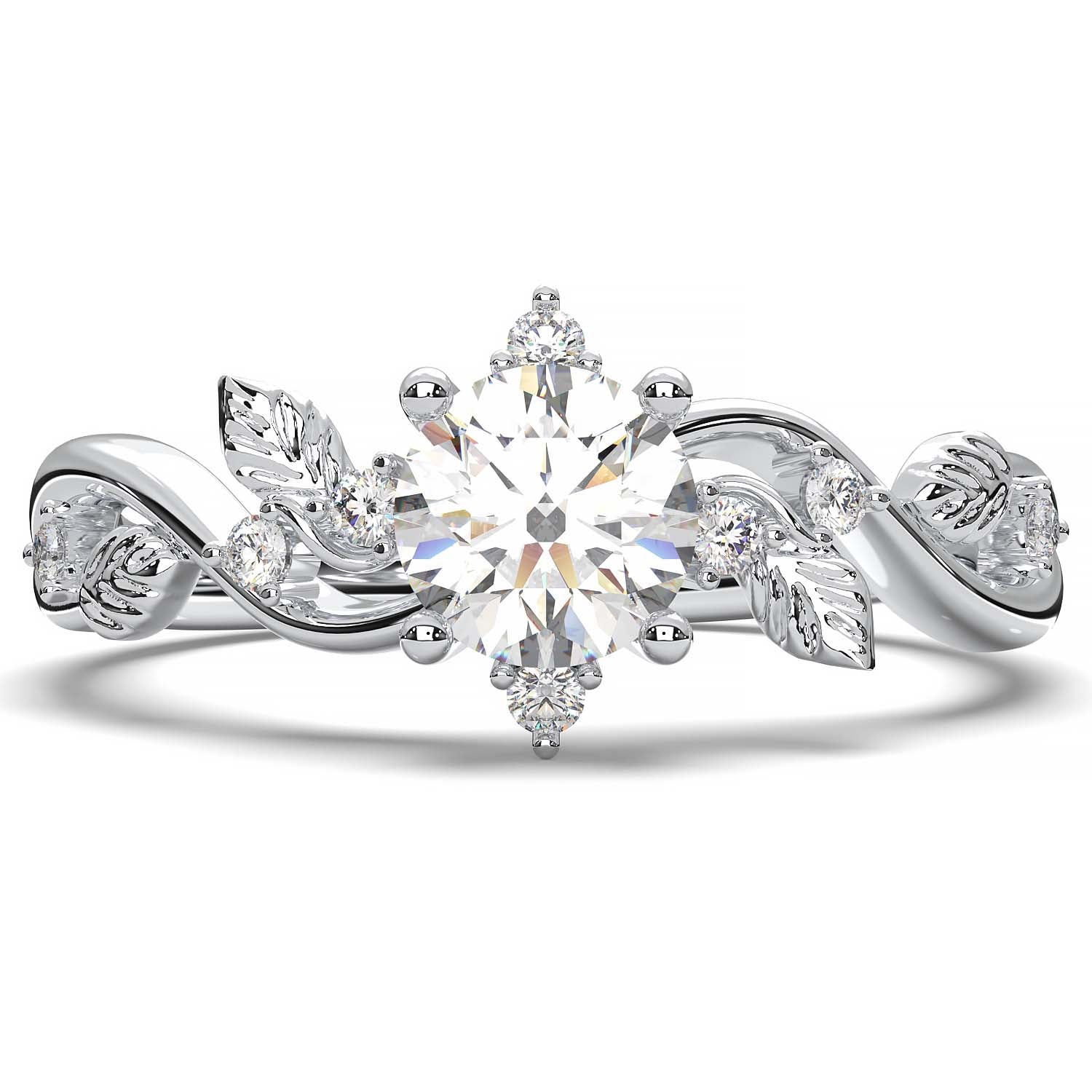 Leaf Vine Diamond Ring with Twisted Band and Round Brilliant Cut Center Stone