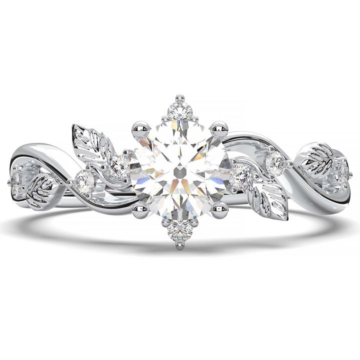 Leaf Vine Diamond Ring with Twisted Band and Round Brilliant Cut Center Stone