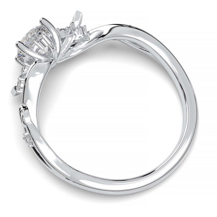 Leaf Vine Diamond Ring with Twisted Band and Round Brilliant Cut Center Stone