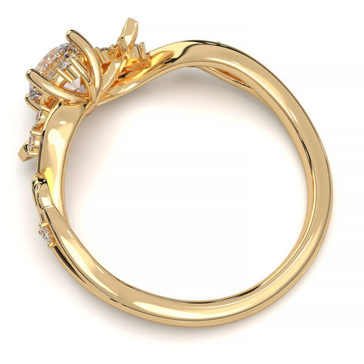 Leaf Vine Diamond Ring with Twisted Band and Round Brilliant Cut Center Stone