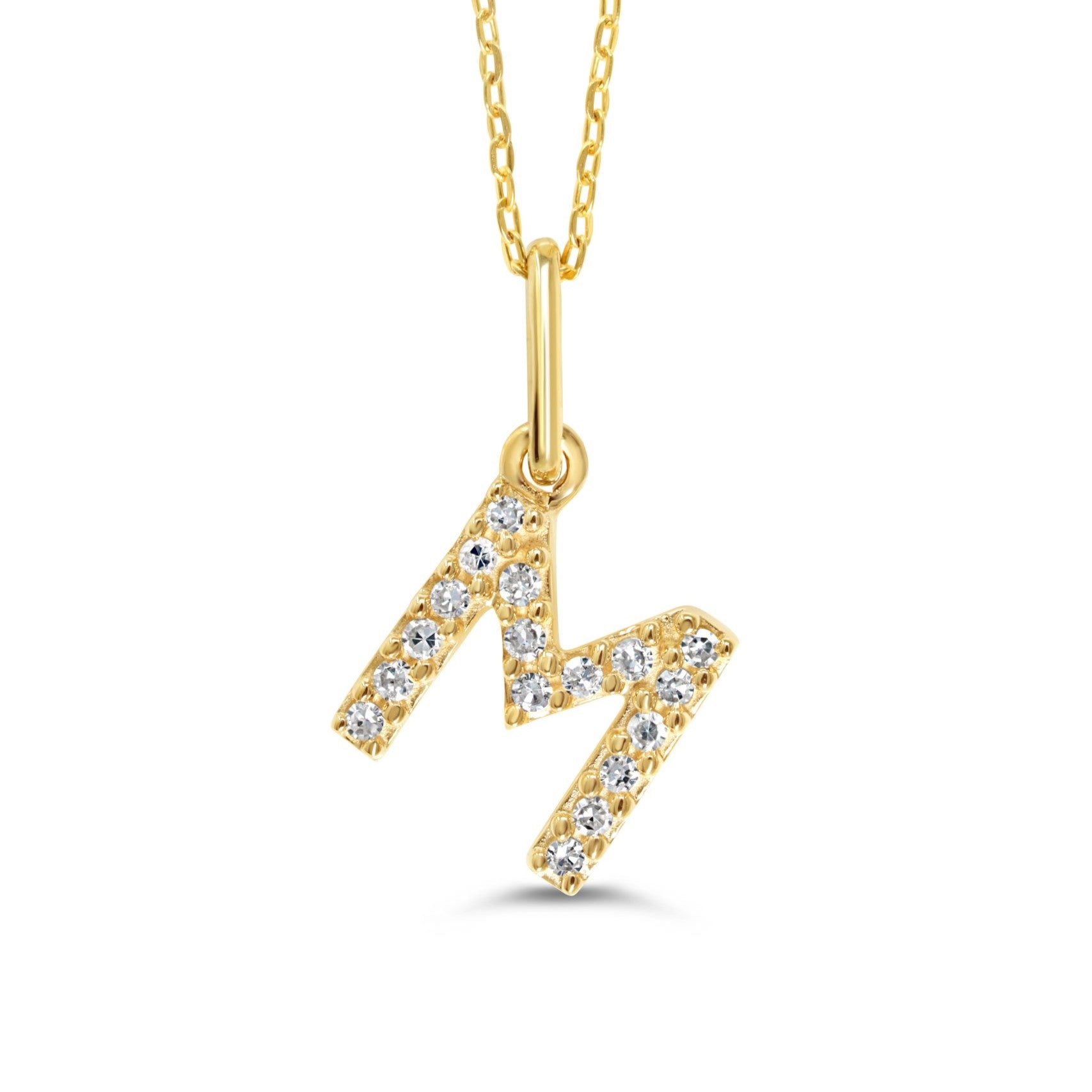 Yellow gold diamond "M" pendant necklace with 0.06CT diamonds and cable chain.