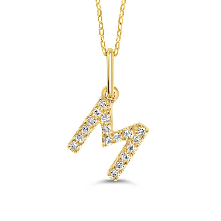 Yellow gold diamond "M" pendant necklace with 0.06CT diamonds and cable chain.