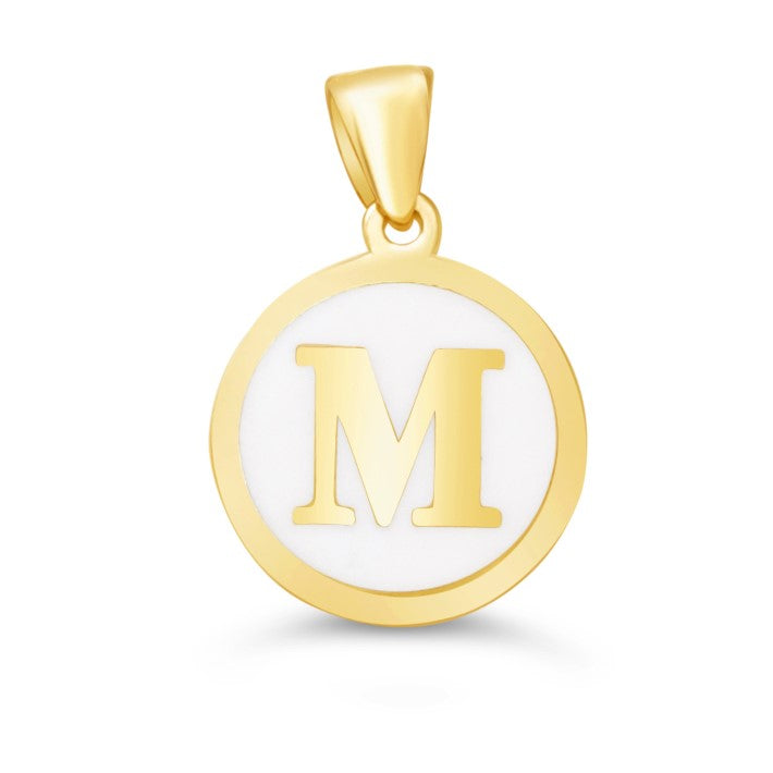 10K Gold Initial "M" Pendant with white enamel backdrop and polished gold frame.