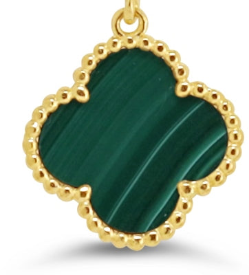 Gold and green malachite four-leaf clover earring with beaded gold detailing.