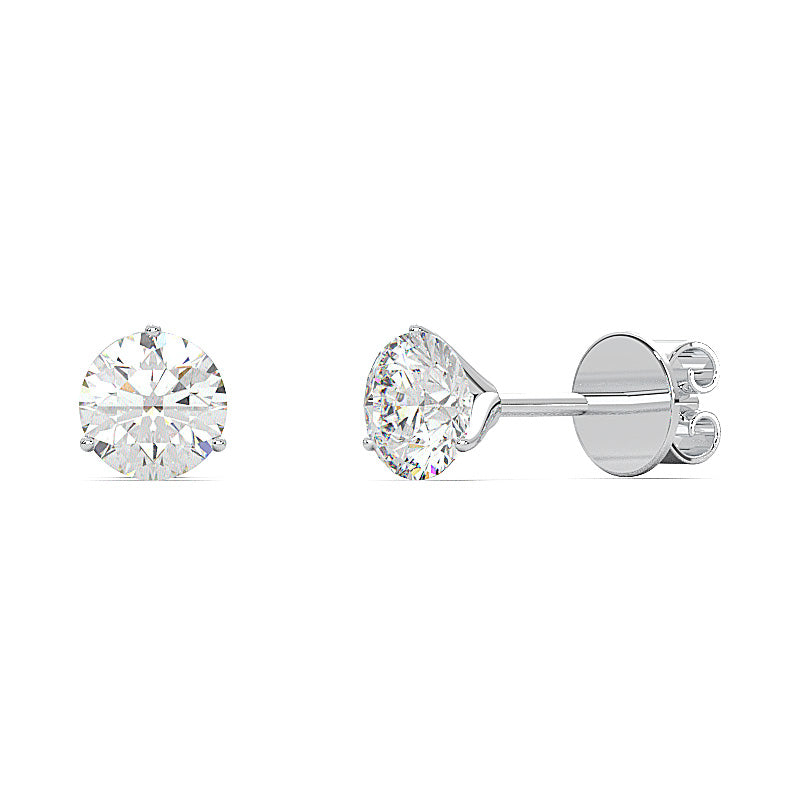 1 carat round lab-grown diamond martini stud earrings with three-prong setting.