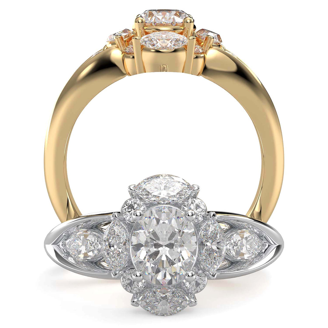 Oval lab-grown diamond ring with marquise and round halo, split shank design.