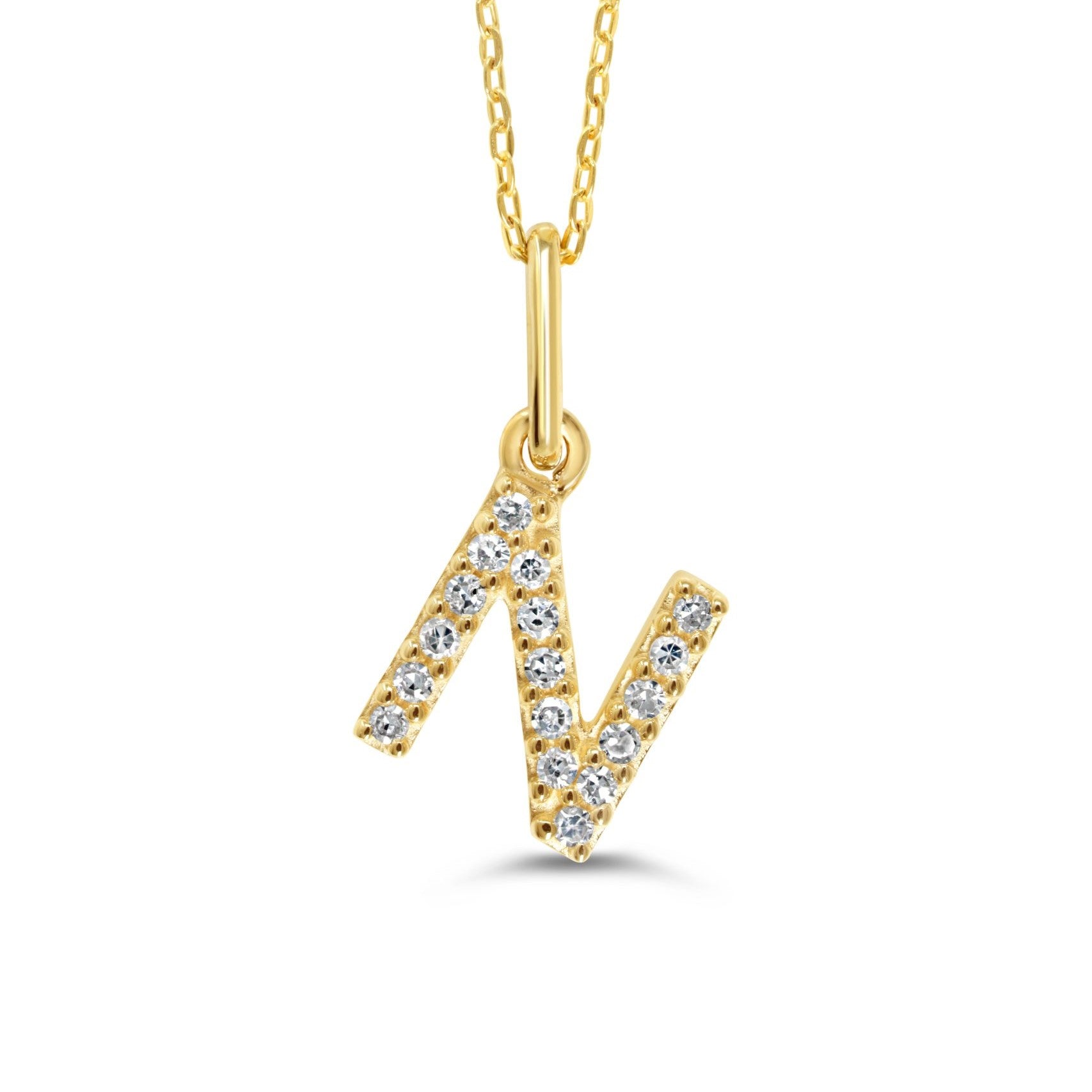 Yellow gold diamond "N" pendant necklace with 0.06CT diamonds and cable chain.