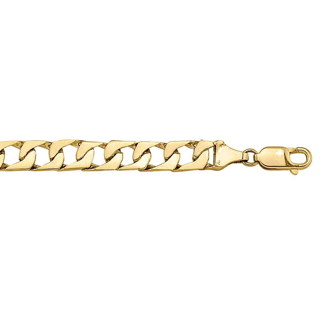 Close-up of a yellow gold solid link bracelet with a lobster clasp. Available in 10k, 14k, or 18k gold.