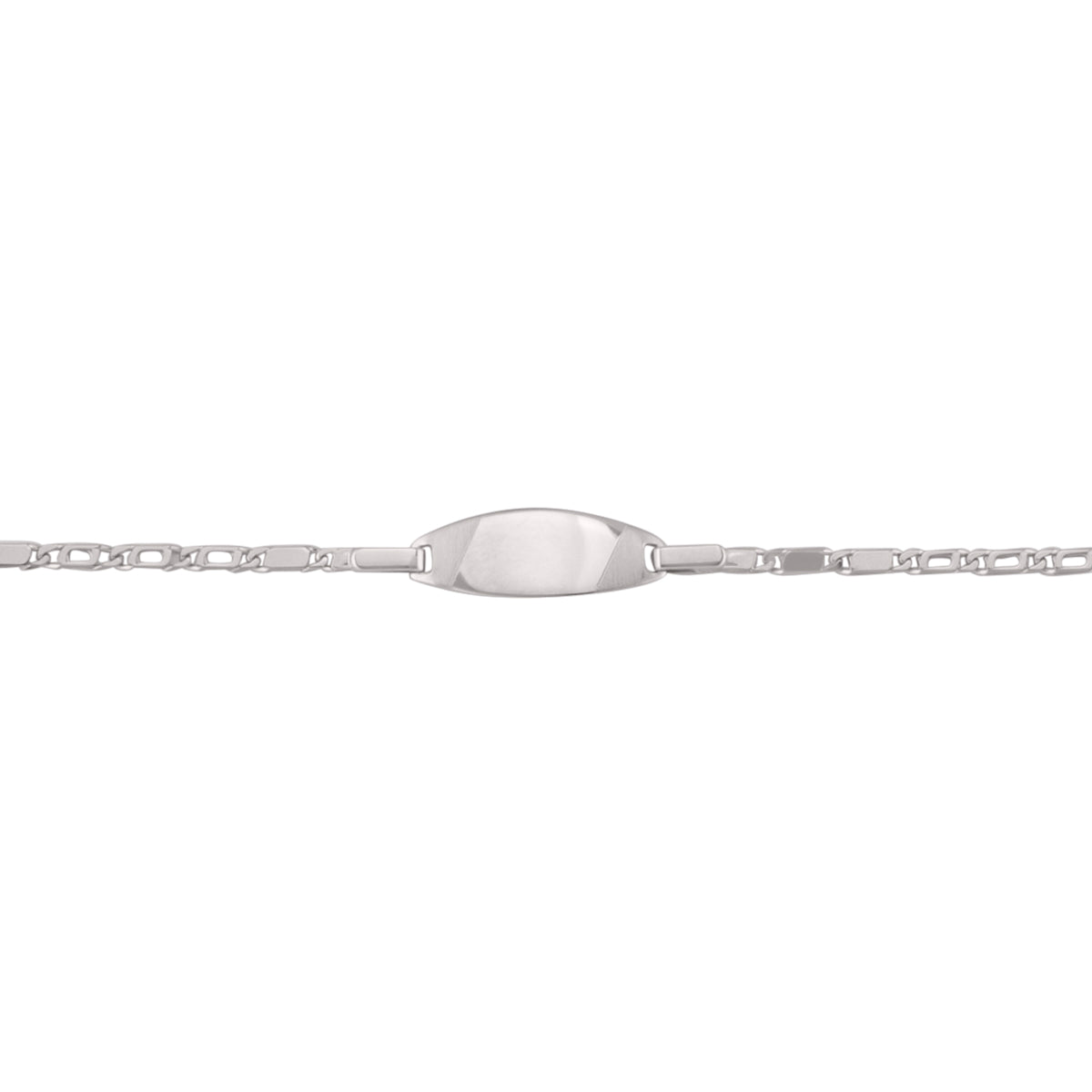 10K white gold baby ID bracelet with a 6" length and 18 x 6.7 mm plate.