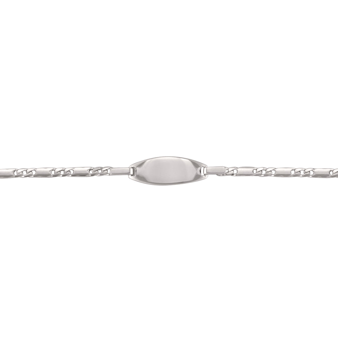 10K white gold baby ID bracelet with a 6" length and 18 x 6.7 mm plate.