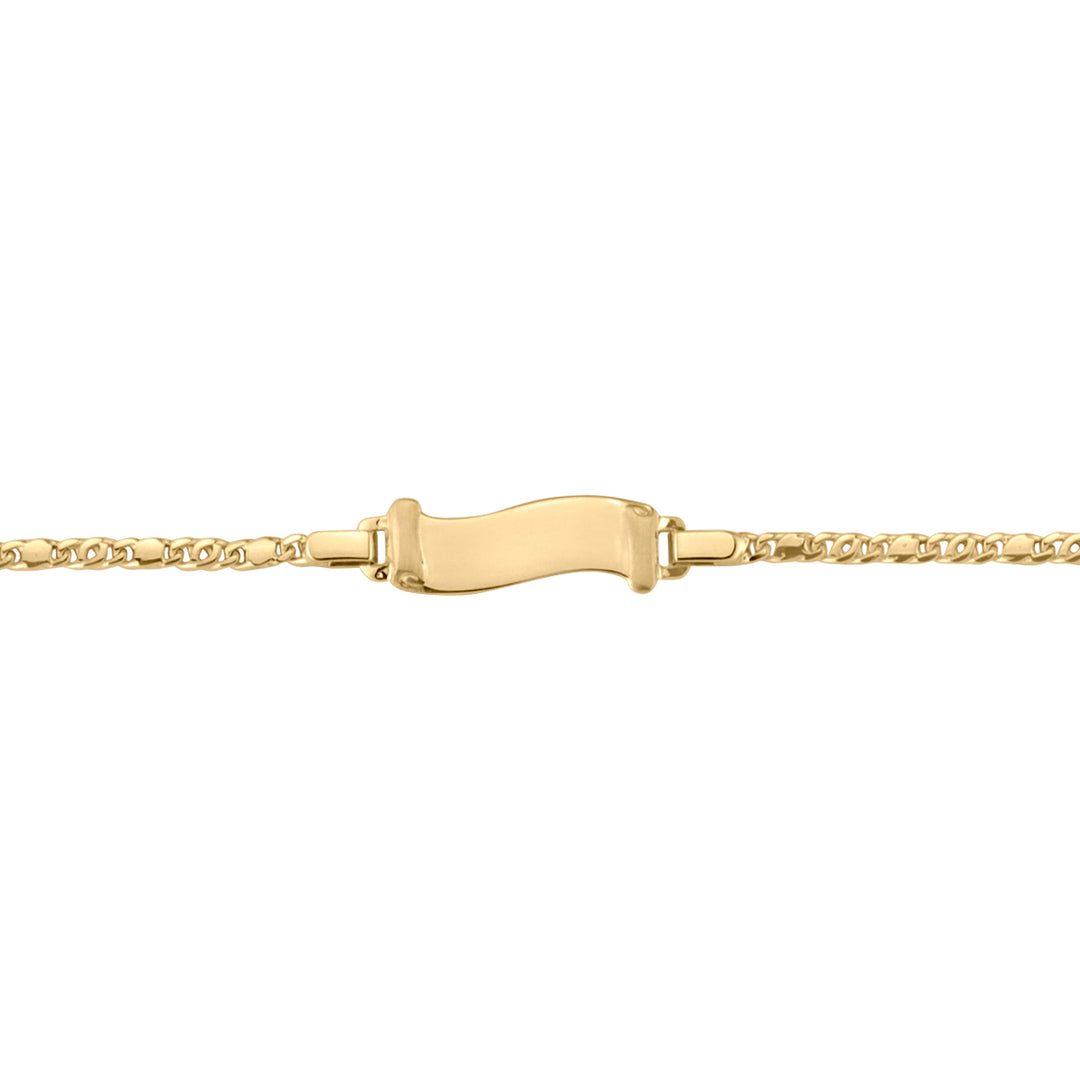 10K yellow gold baby ID bracelet with a 6" length and 19.3 x 5.7 mm plate.