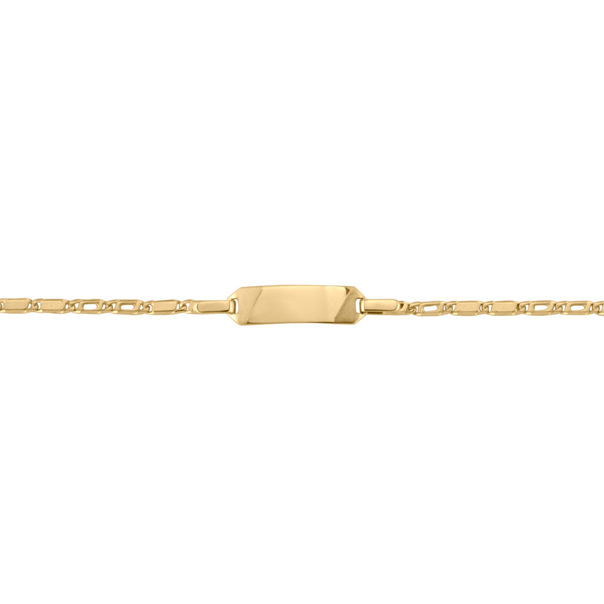 10K yellow gold baby ID bracelet with a 6" length and 18 x 5 mm plate.