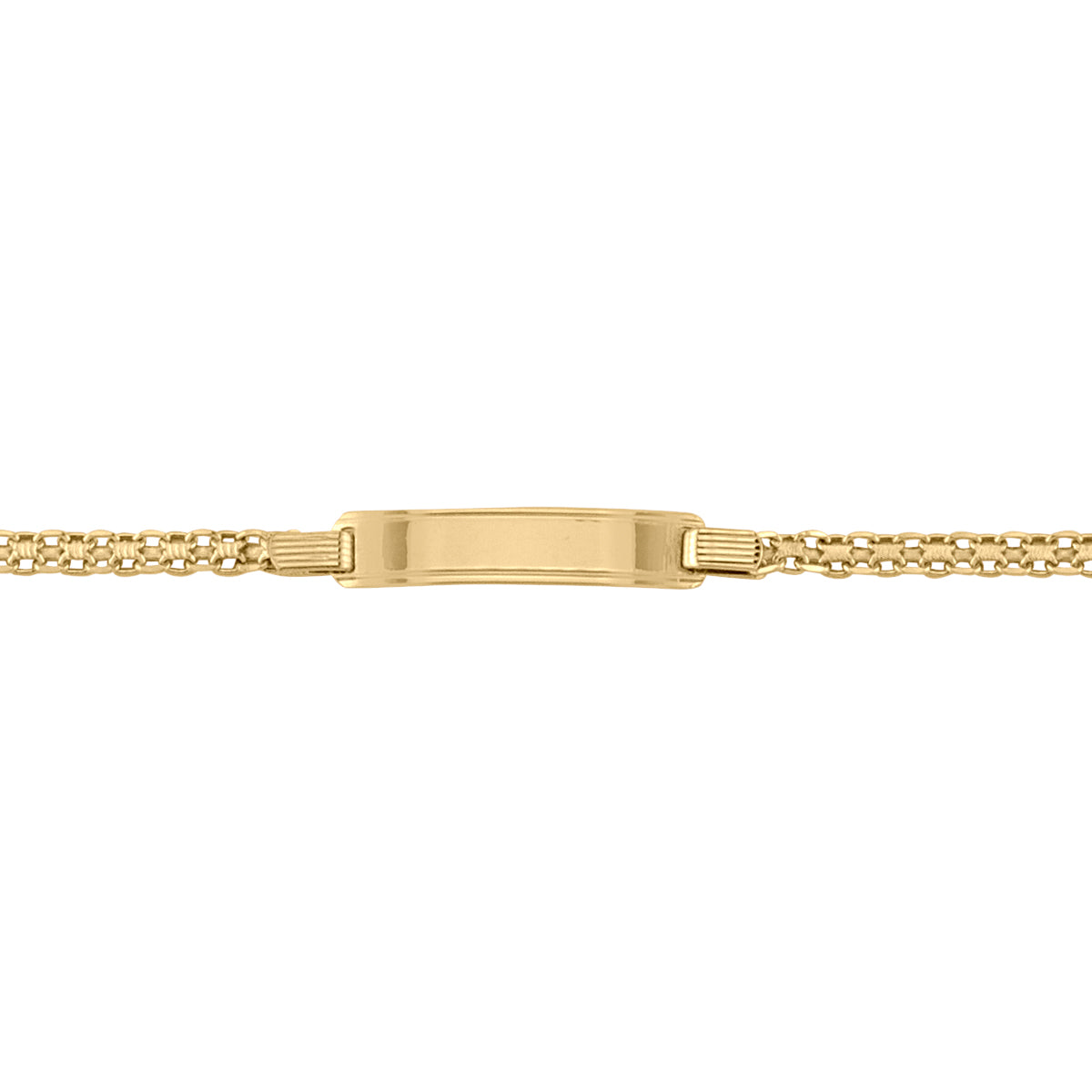 14k yellow gold Bismark ID bracelet with a 6-inch length and 3.1 mm width.