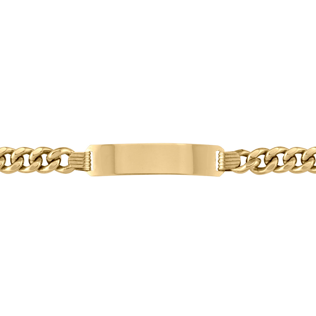 14k yellow gold hollow curb ID bracelet featuring a polished ID plate and curb chain.