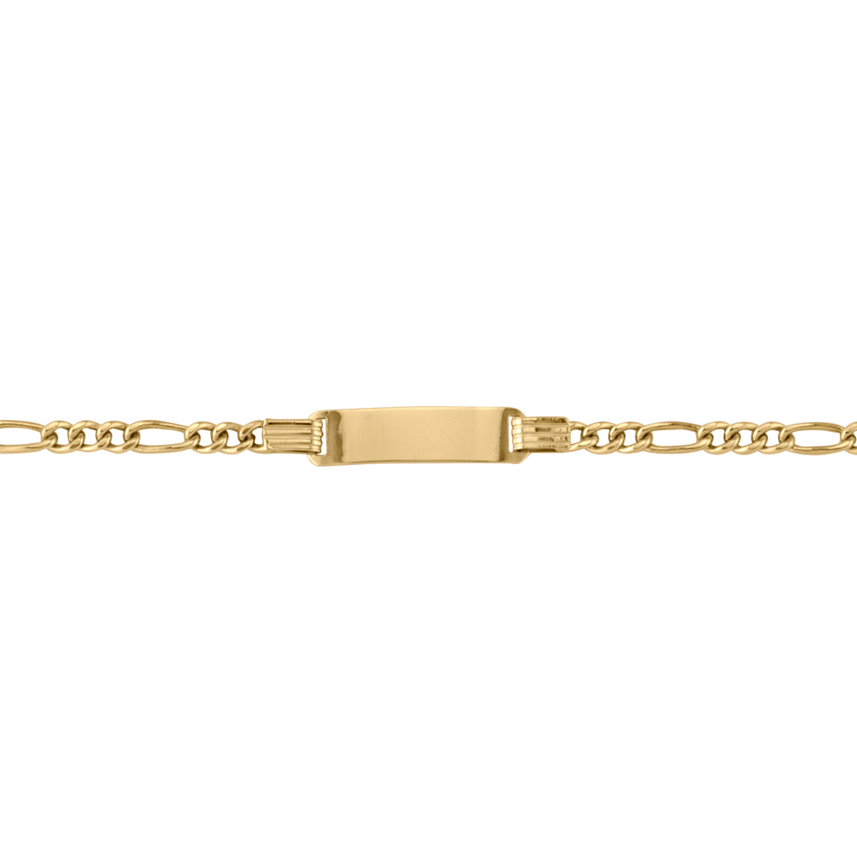 10K yellow gold hollow Figaro ID bracelet for babies and kids with a 6" length and 19.7 x 5.1 mm plate.