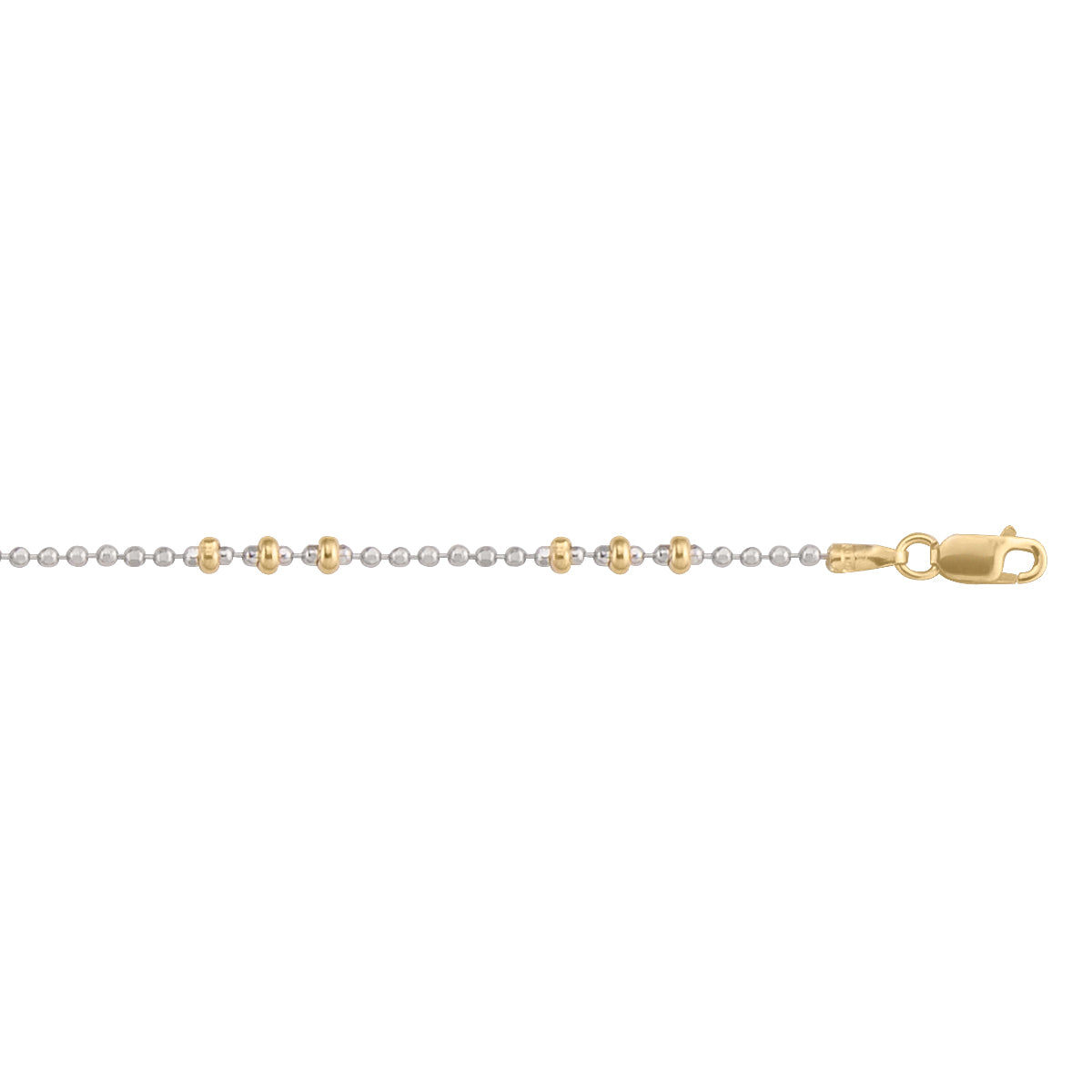 14K two-tone gold station bead anklet with yellow and white gold beads, 2.7mm width, 9.5 inches length.