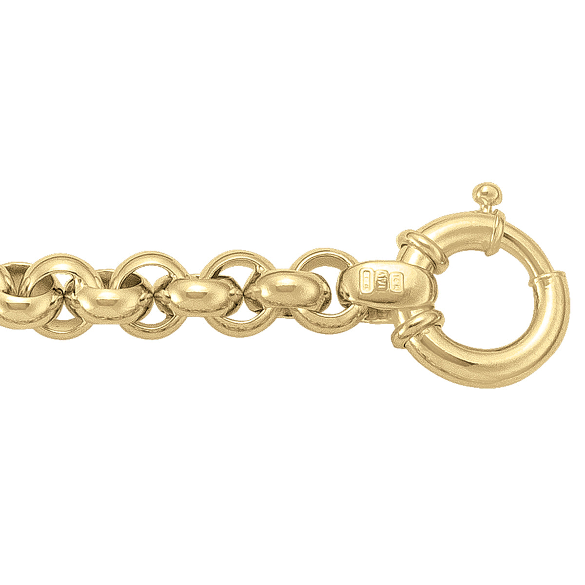 Close-up of a 14k/18k yellow gold hollow fancy rolo bracelet with a spring ring clasp.