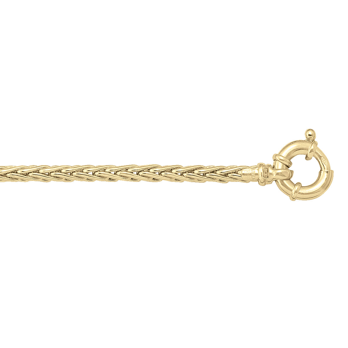 Close-up of a yellow gold hollow wheat link bracelet with a spring ring clasp. Available in 10k, 14k, or 18k gold.