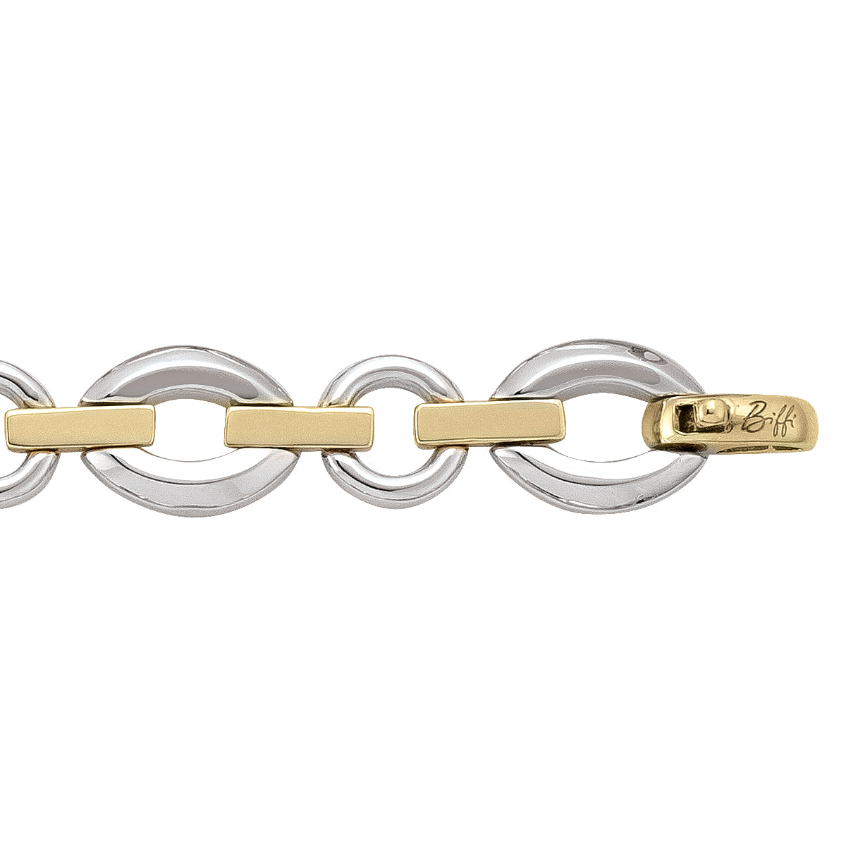 Close-up of a 14k two-tone gold hollow fancy bracelet with oval and rectangular links in yellow and white gold.