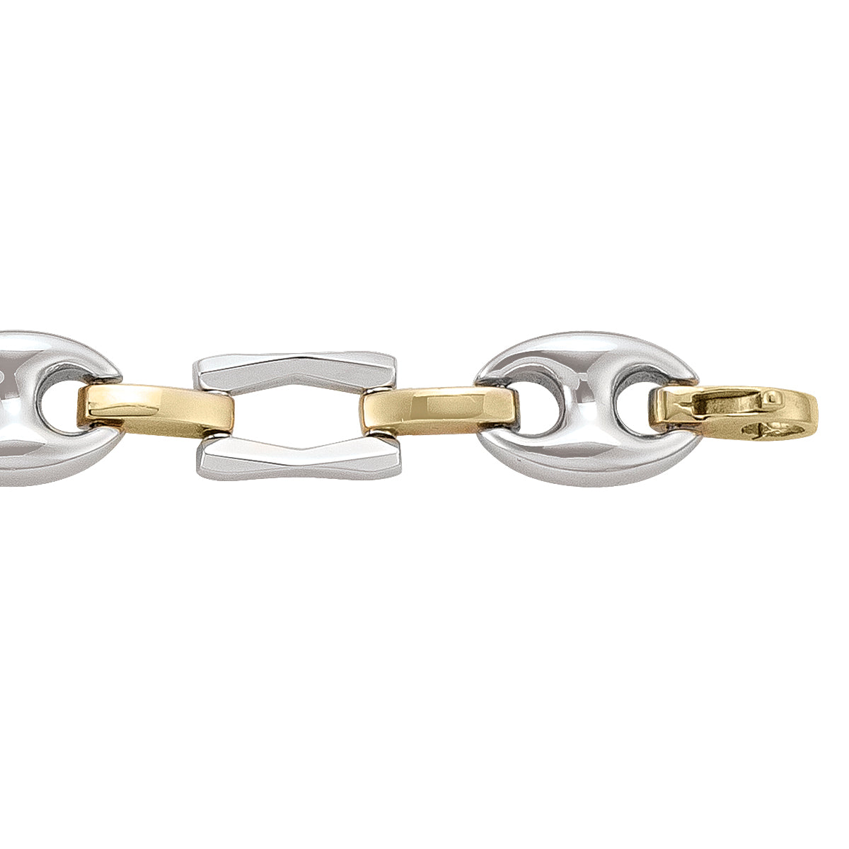 14k two-tone hollow fancy bracelet with yellow and white gold links in various shapes and a durable clasp.