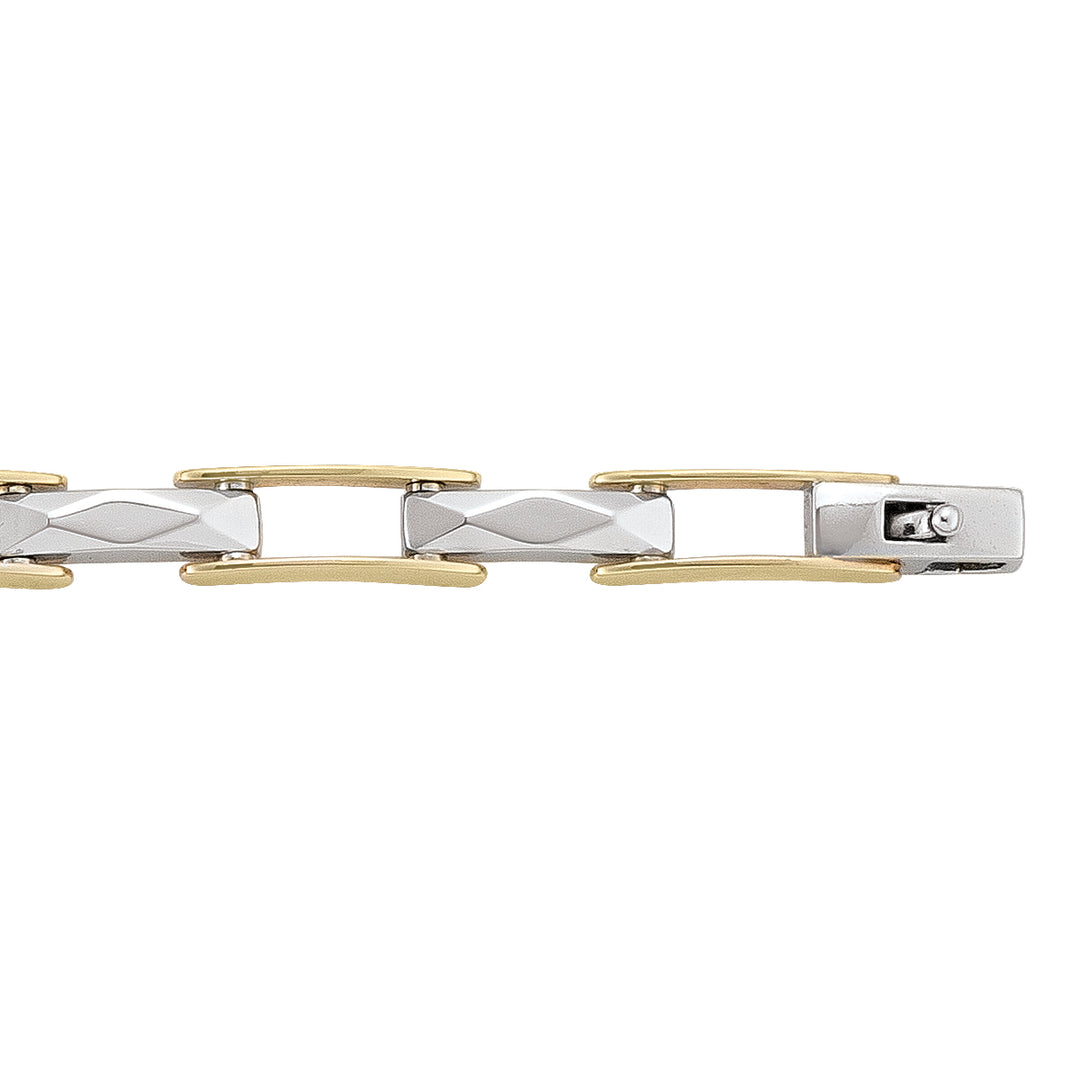 Sophisticated two-tone 14k gold hollow fancy bracelet with interlinked rectangular elements.