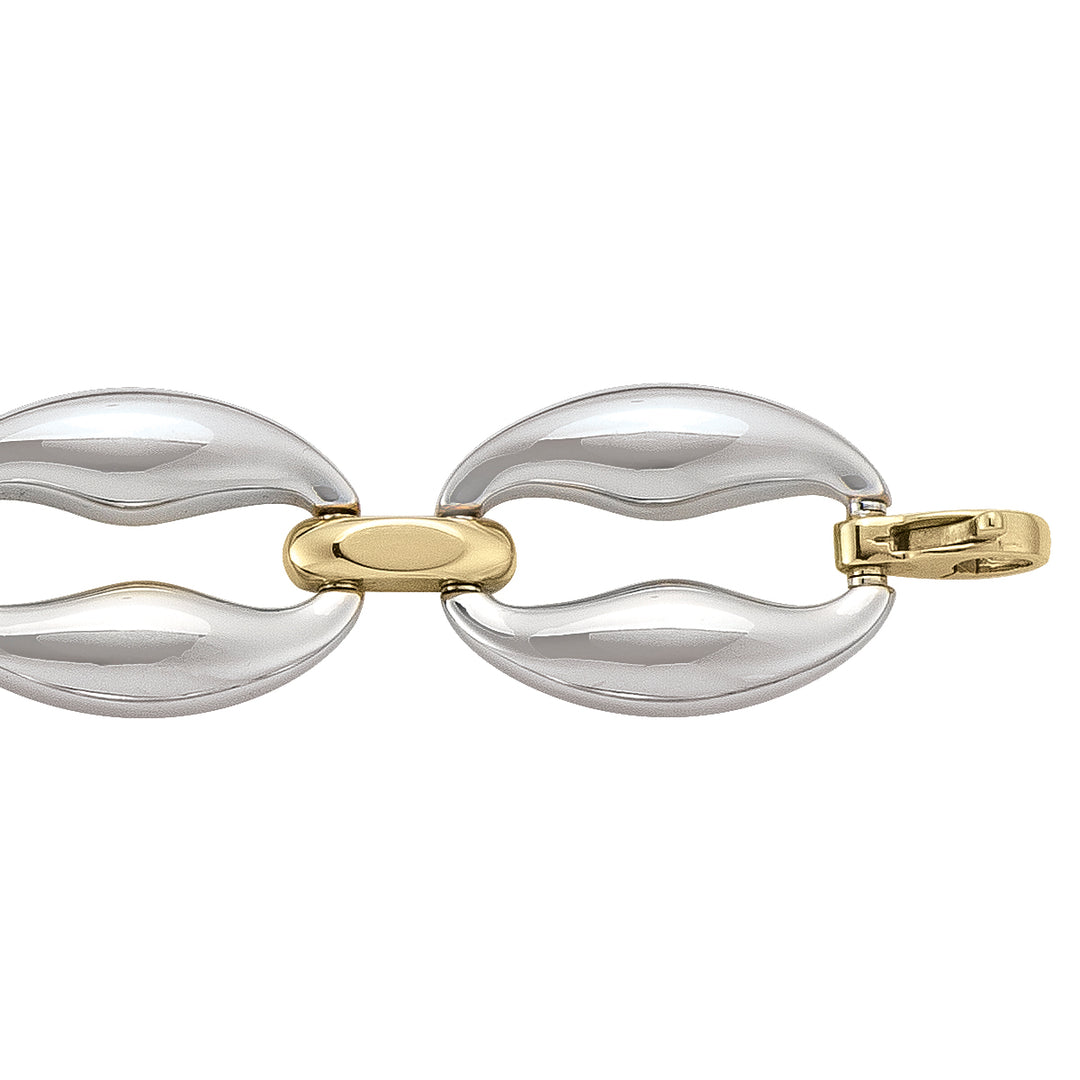 14k yellow and white gold bracelet with large, bold two-tone links, 8 inches long.