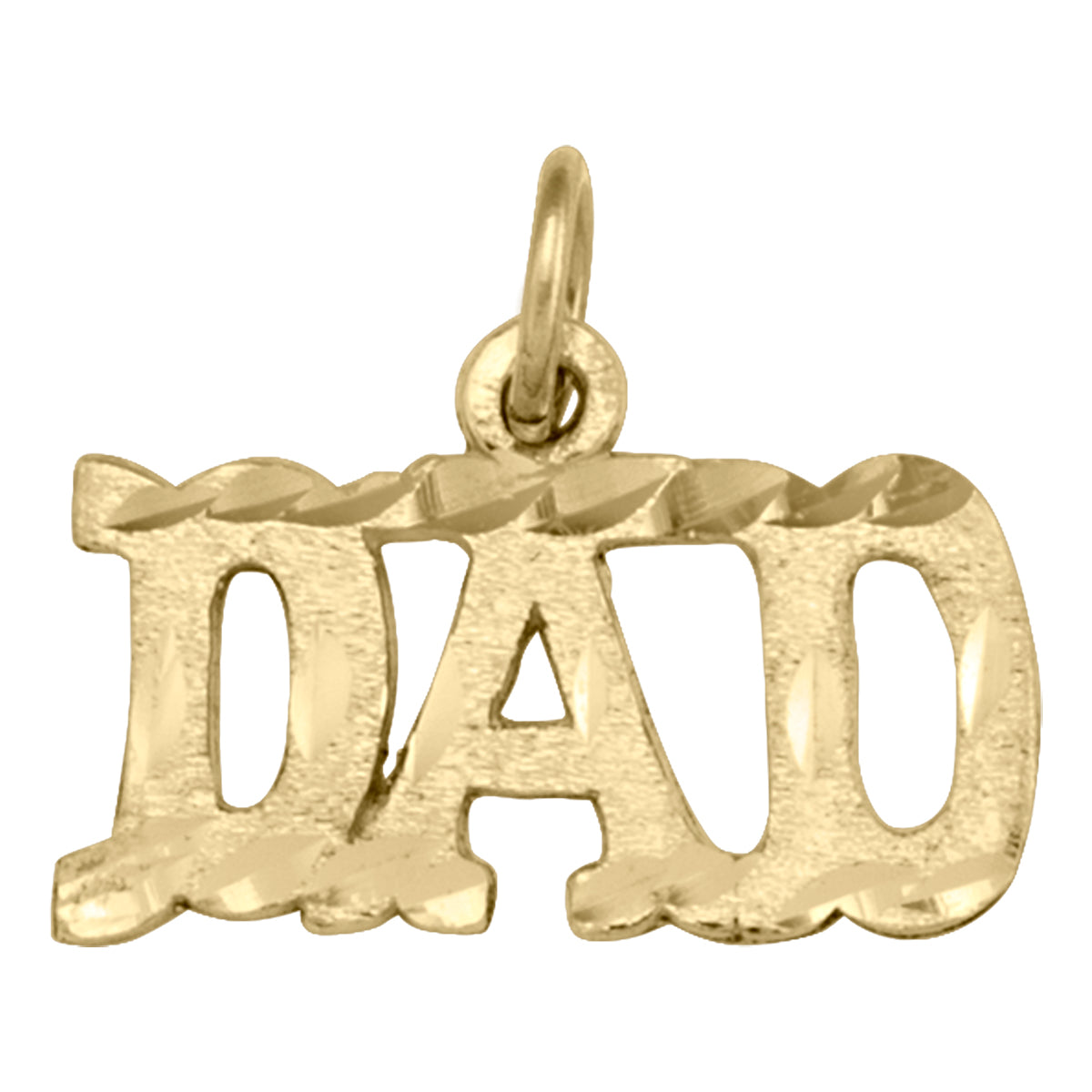 Solid 10K yellow gold charm featuring the word "DAD" in bold letters, perfect for adding to a bracelet or necklace as a symbol of familial love and appreciation.