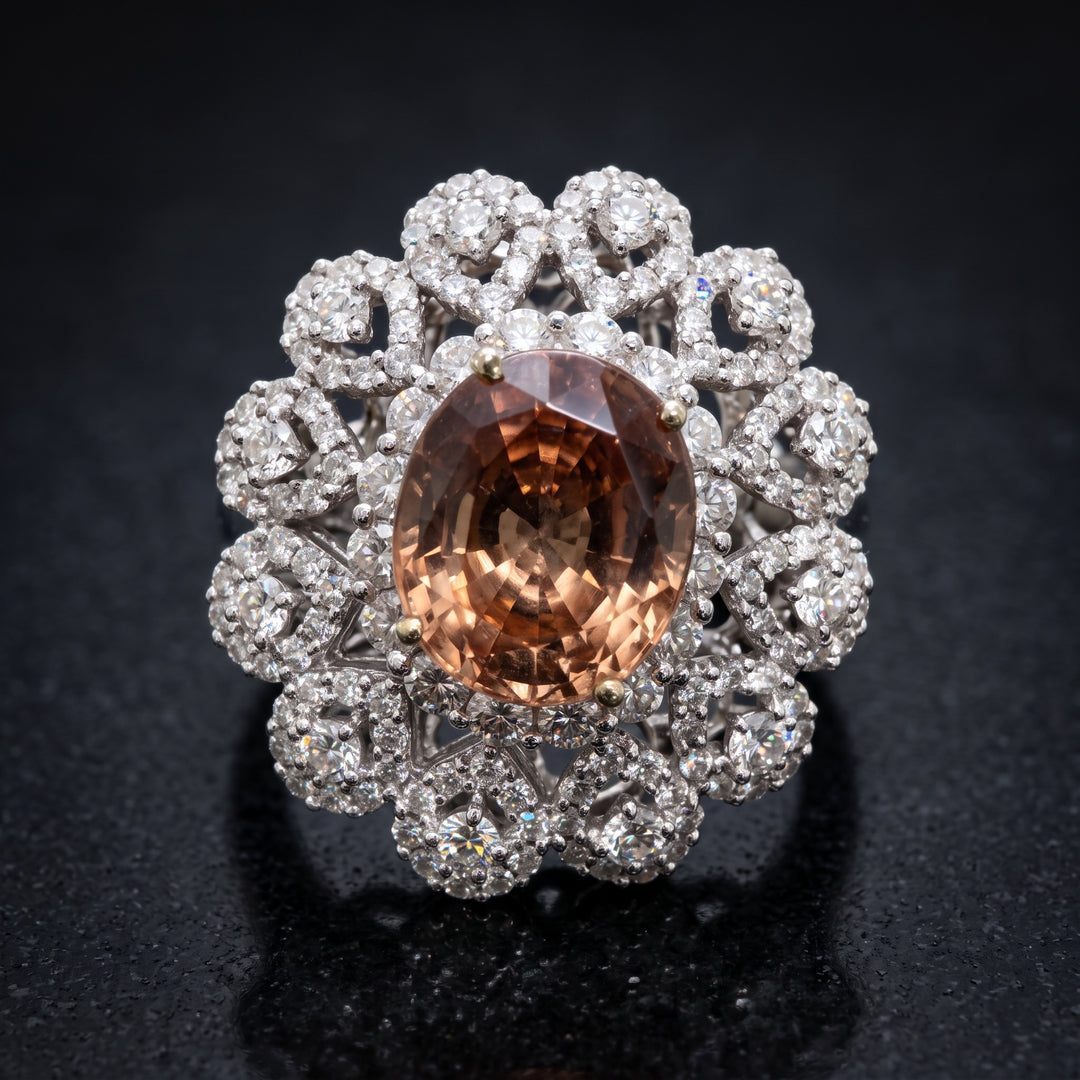 Natural Padparadscha sapphire ring with diamonds in 18K white gold