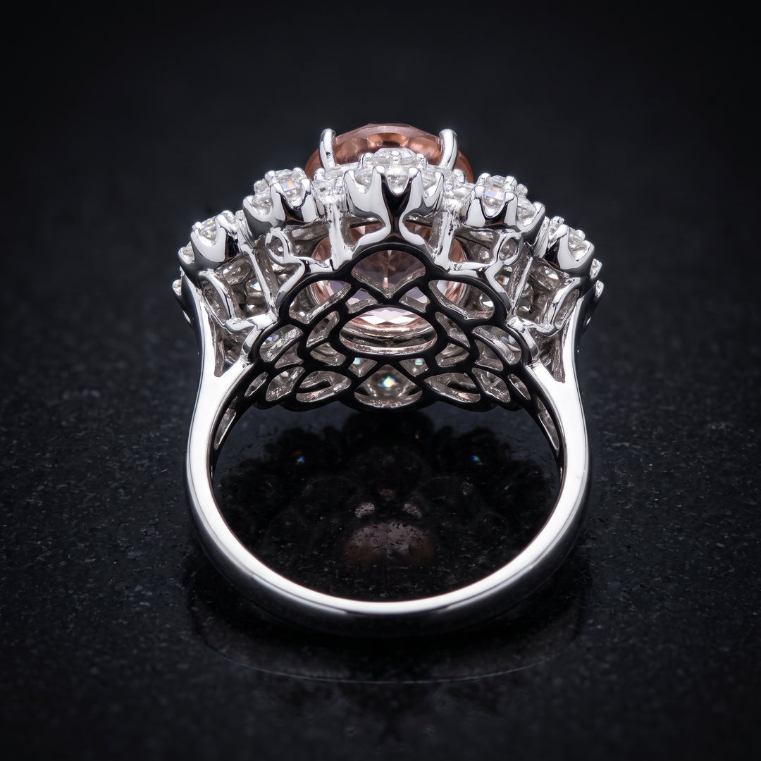 Natural Padparadscha sapphire ring with diamonds in 18K white gold
