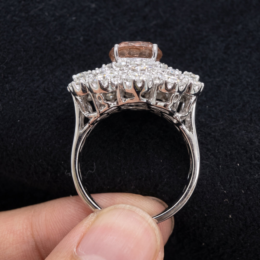 Natural Padparadscha sapphire ring with diamonds in 18K white gold