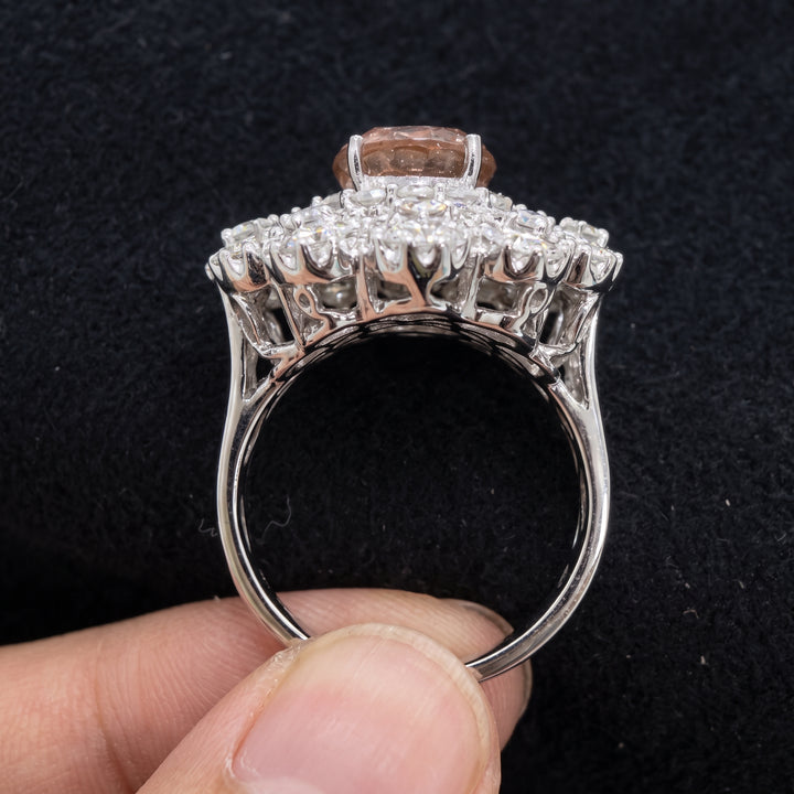 Natural Padparadscha sapphire ring with diamonds in 18K white gold