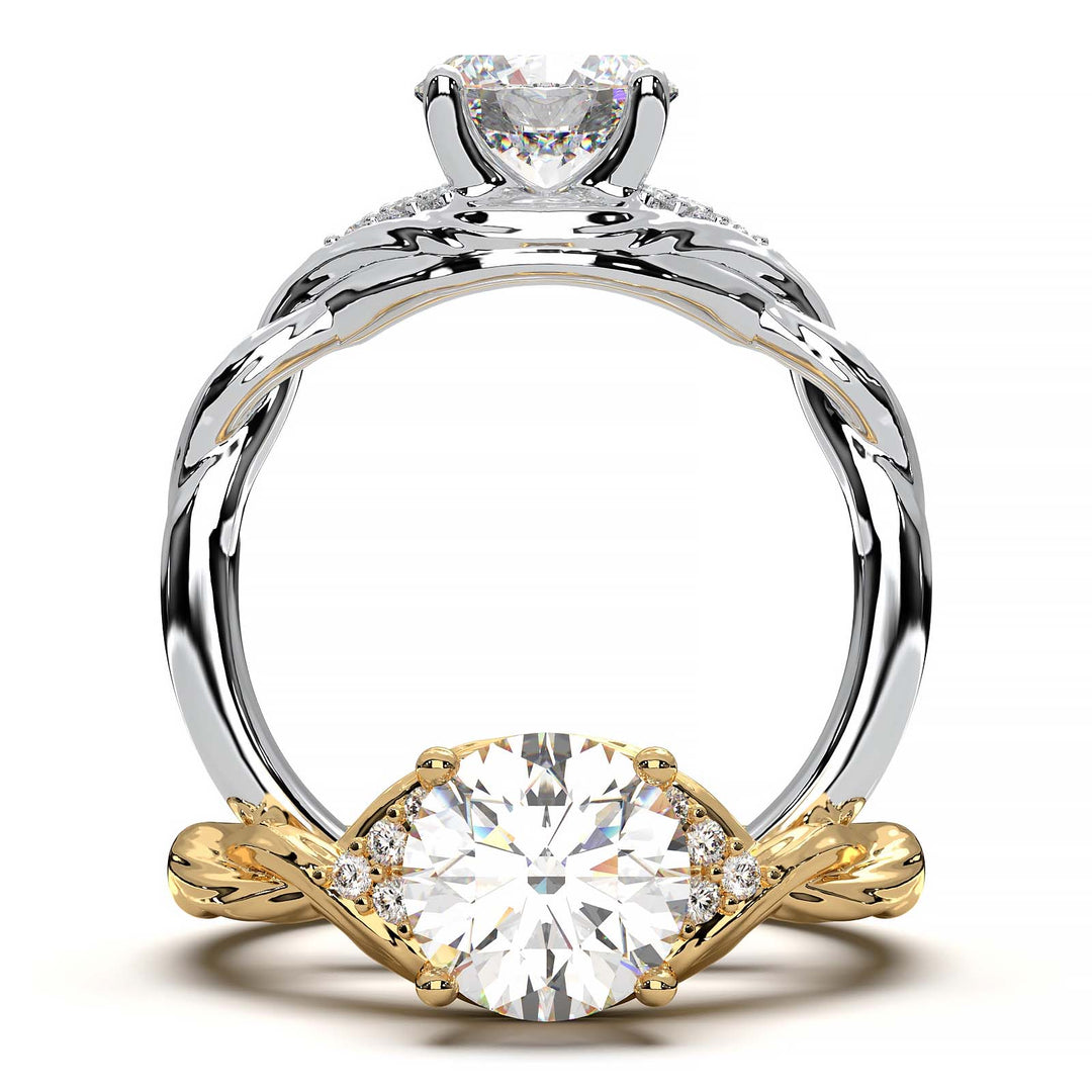Twisted engagement ring with 1.2 carat round lab-grown diamond and side diamond clusters.