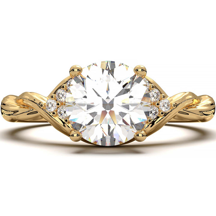 Twisted engagement ring with 1.2 carat round lab-grown diamond and side diamond clusters.