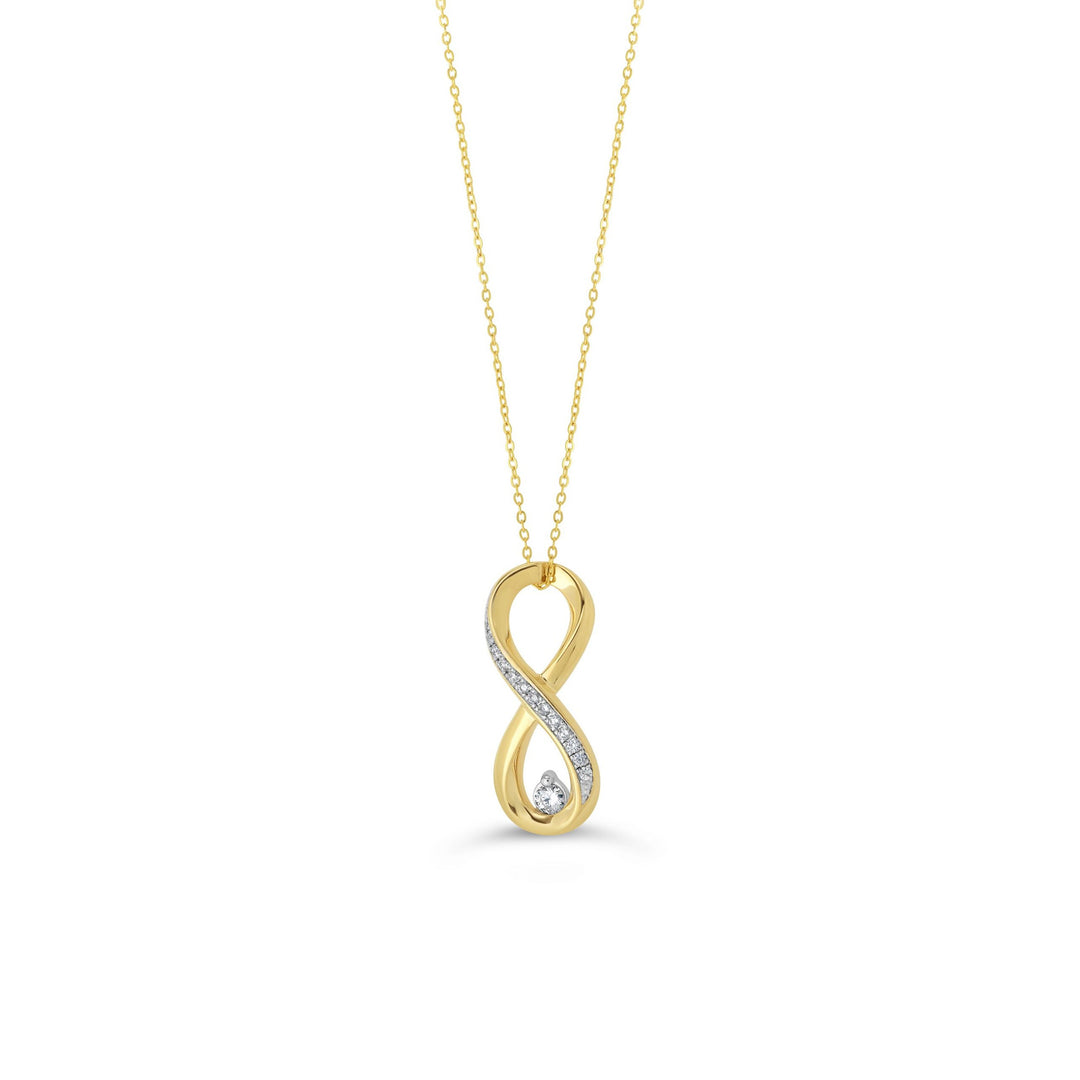 10K yellow gold infinity pendant necklace featuring a 0.05ct diamond and shimmering accents on a delicate gold chain.