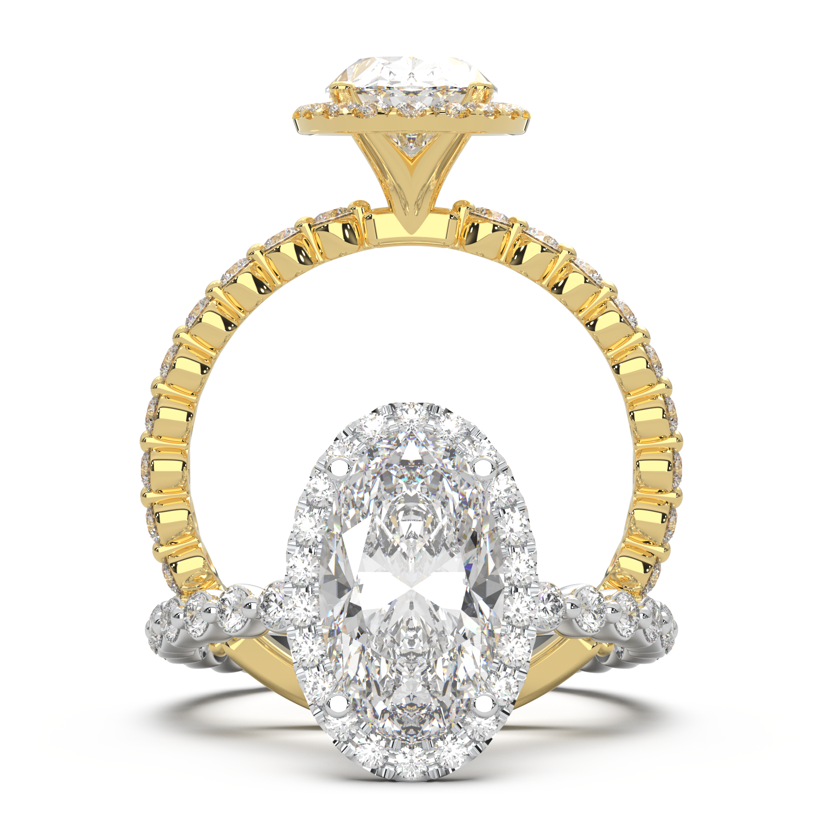 Oval lab-grown diamond ring with a halo and floating diamonds on the band.