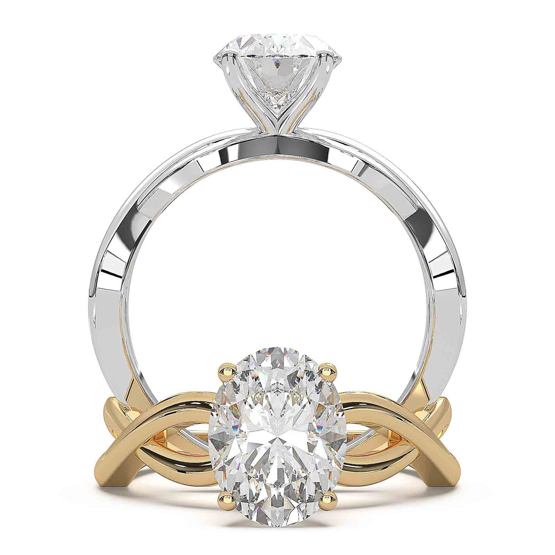 Oval lab-grown diamond ring with a twisted band and low-profile setting.