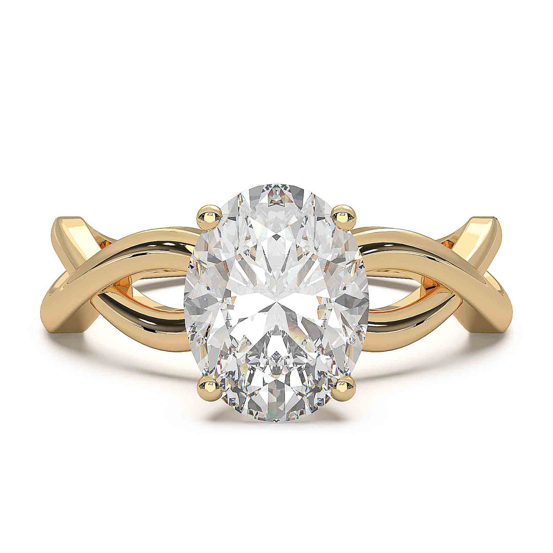 Oval lab-grown diamond ring with a twisted band and low-profile setting.