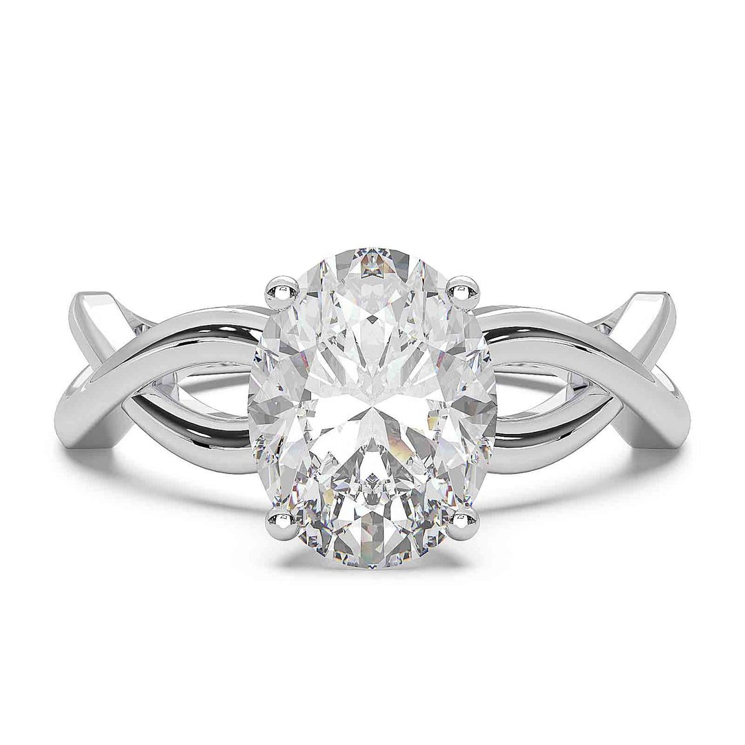 Oval lab-grown diamond ring with a twisted band and low-profile setting.