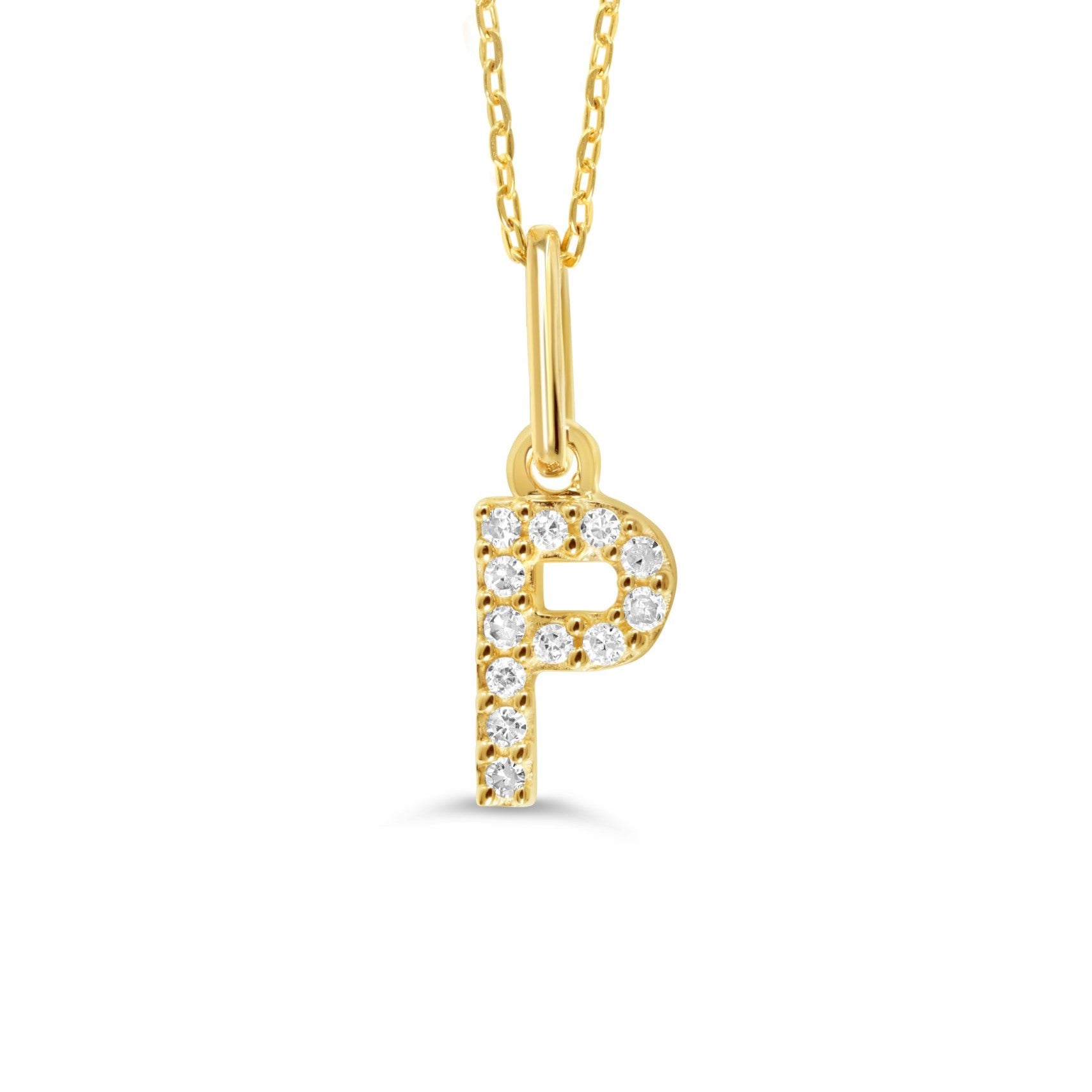 Yellow gold diamond "P" pendant necklace with 0.04CT diamonds and cable chain.