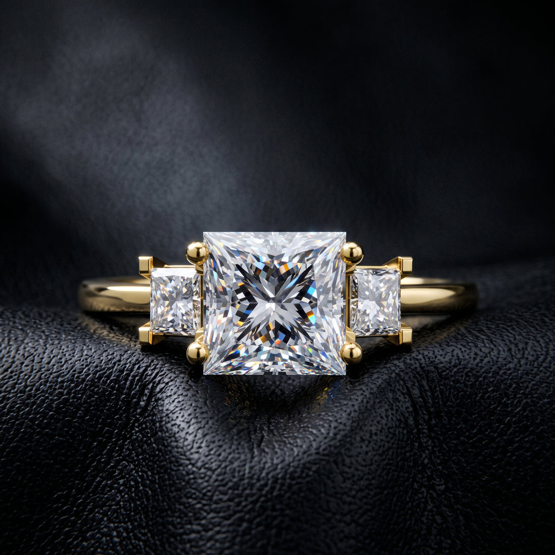 3-Stone Princess Cut Moissanite Ring, 0.90CT Center, 14K Gold