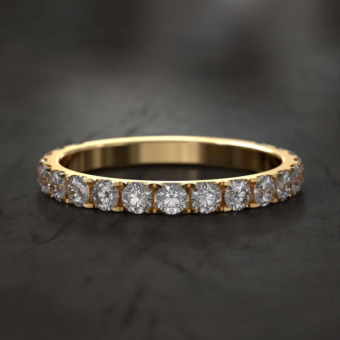 Partial eternity pavé diamond band with lab-grown diamonds set in gold or platinum, featuring 70% diamond coverage.