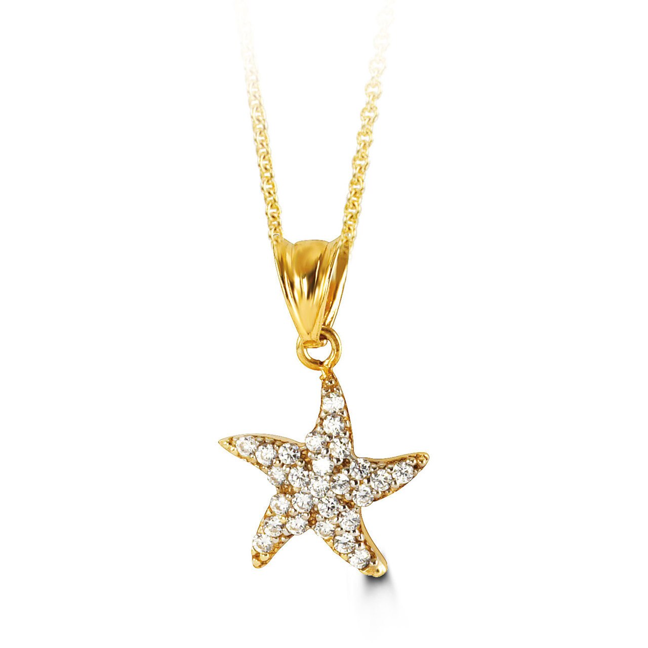 10K gold starfish pendant necklace with cubic zirconia stones on a 16-inch chain.