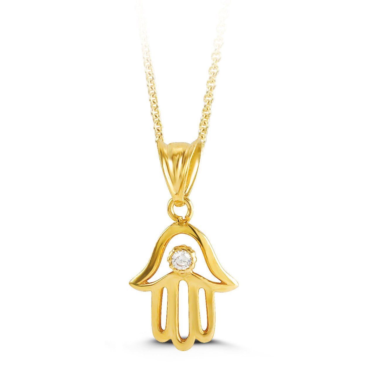 10K gold Hamsa pendant necklace with cubic zirconia on a 16-inch chain.