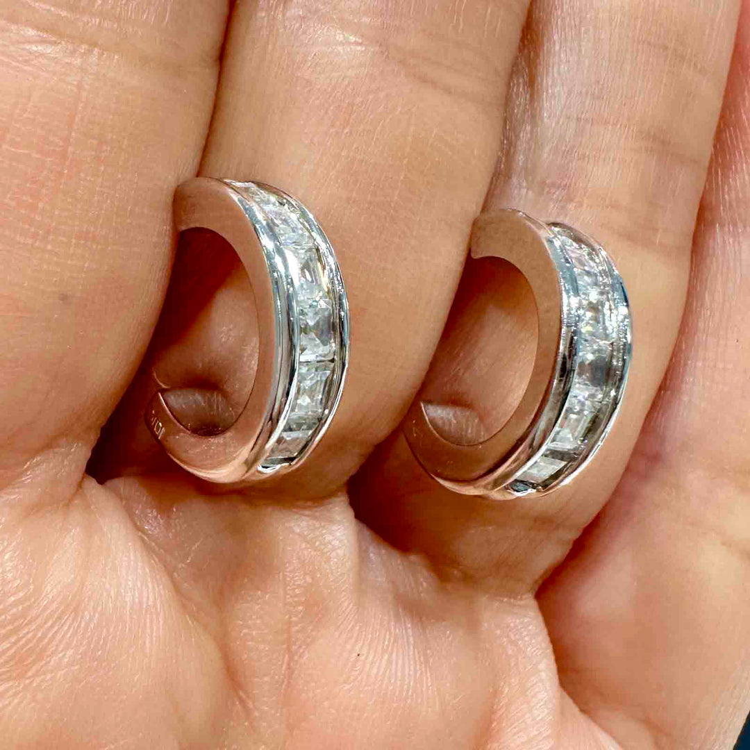 14K white gold hoop earrings with high-quality moissanite stones, 4.3 mm width, open-back design.