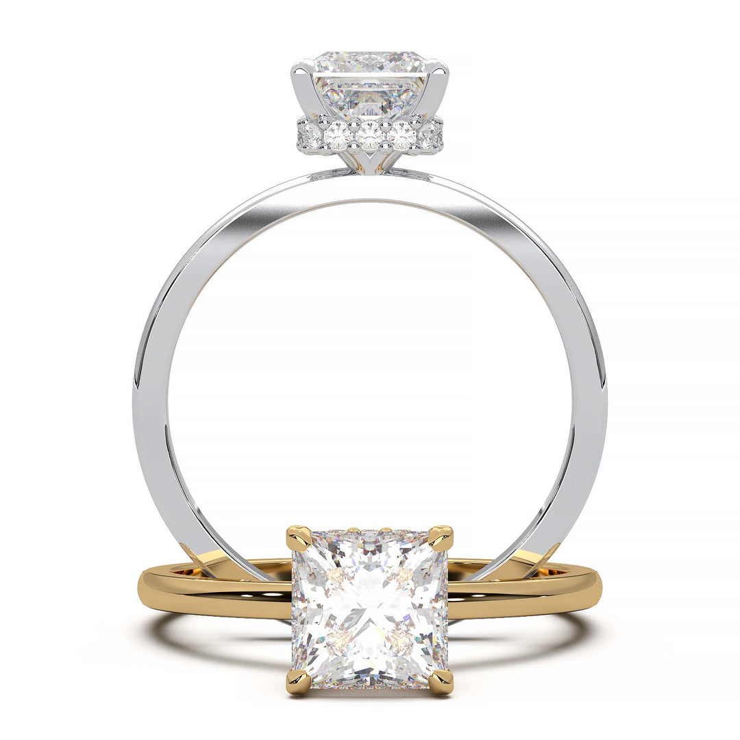 Princess cut lab-grown diamond ring with a hidden halo setting, showcasing a brilliant one-carat diamond.