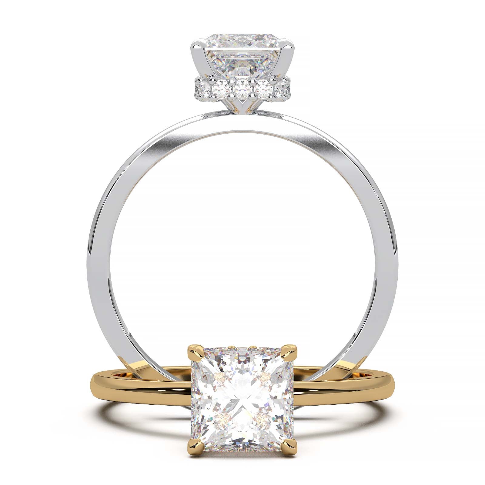 Princess cut lab-grown diamond ring with a hidden halo setting, showcasing a brilliant one-carat diamond.